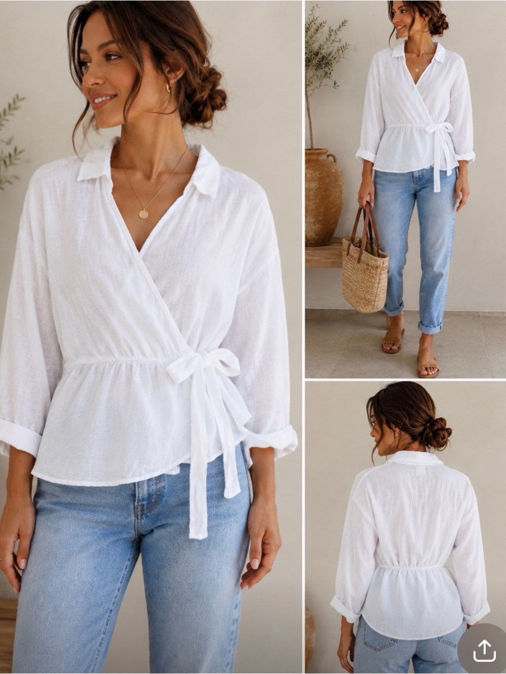 Zara White Wrap Tie Blouse with Collar size XL 52% viscose 48% modal